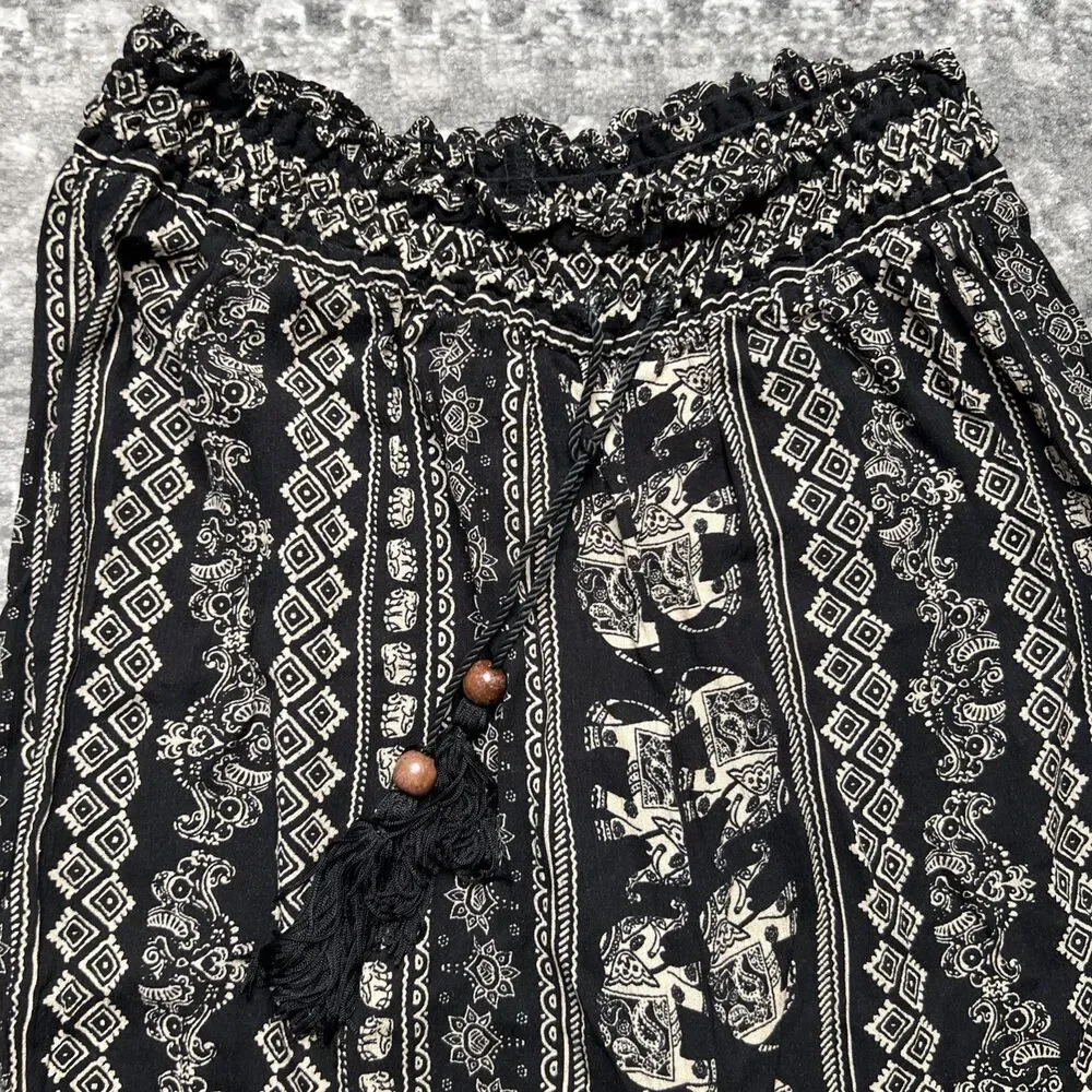 Soft Surroundings Elephant Print Palazzo Pant Black Tan Large Elastic Tassel NWT - Picture 2 of 11